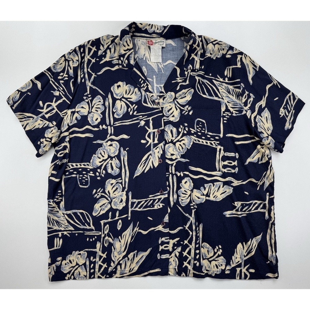 Vintage Hilo Hattie Aloha Hawaiian Shirt Mens XL Rayon Navy Floral Tropical Camp
